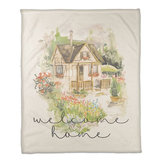 Michaels, Welcome Watercolor Cottage Fleece Blanket – Category: Pillows, Throws, Table Linens, & Runners